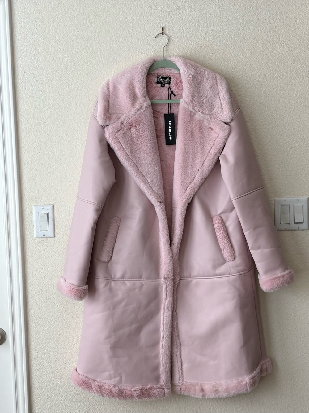 Dolls Kill Blush Pink Faux Shearling Long Trench Coat